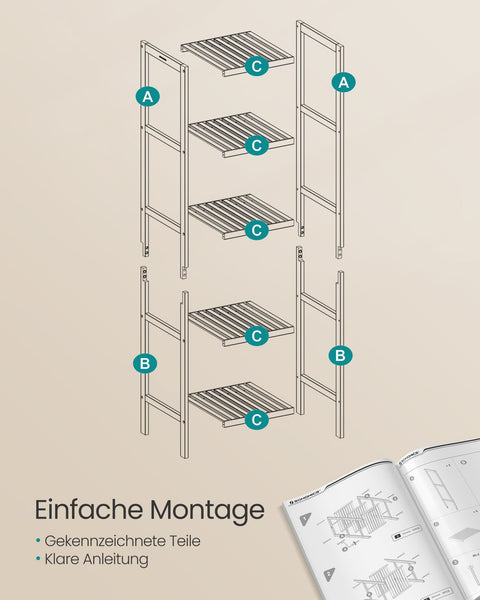Rootz 5 Level Bathroom Shelf - Storage Rack - Organizing Stand - Space-Saving - White, Brown - 33 x 33 x 146 cm