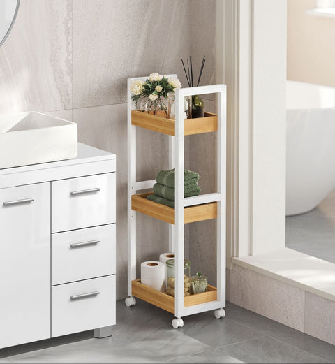 Rootz Bathroom Shelf - Narrow Storage Rack - Space-Saving Organizer - 3 Levels - MDF & Bamboo - 20 x 30 x 80 cm