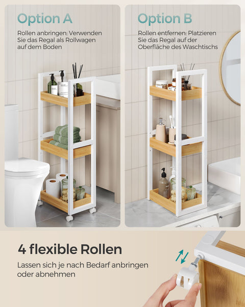 Rootz Bathroom Shelf - Narrow Storage Rack - Space-Saving Organizer - 3 Levels - MDF & Bamboo - 20 x 30 x 80 cm