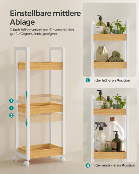 Rootz Bathroom Shelf - Narrow Storage Rack - Space-Saving Organizer - 3 Levels - MDF & Bamboo - 20 x 30 x 80 cm