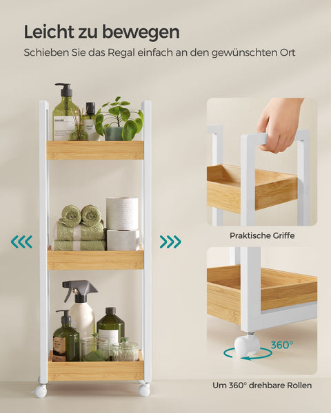 Rootz Bathroom Shelf - Narrow Storage Rack - Space-Saving Organizer - 3 Levels - MDF & Bamboo - 20 x 30 x 80 cm