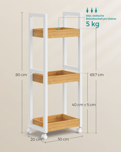 Rootz Bathroom Shelf - Narrow Storage Rack - Space-Saving Organizer - 3 Levels - MDF & Bamboo - 20 x 30 x 80 cm