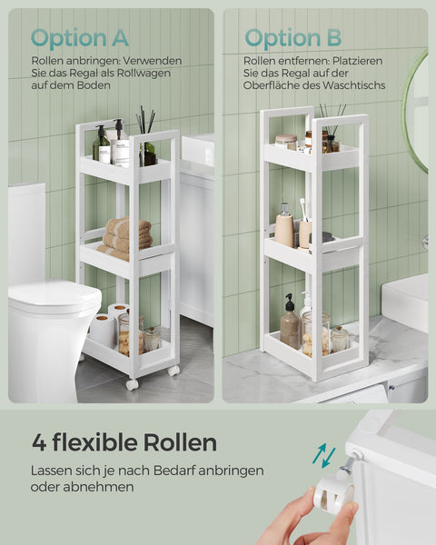 Rootz White Storage Cart - Rolling Cart - Utility Cart - MDF and Bamboo - Lightweight - Spacious - Easy Assembly - 20cm x 30cm x 80cm