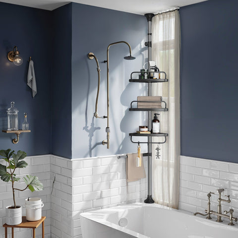 Rootz Shower Shelf - Height Adjustable Shelf - Corner Bathroom Organizer - Rust-Resistant - 95-300cm x 7cm - Silver-Black