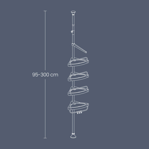 Rootz Shower Shelf - Height Adjustable Shelf - Corner Bathroom Organizer - Rust-Resistant - 95-300cm x 7cm - Silver-Black