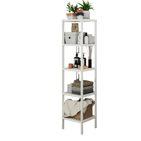 Rootz 5 Level Bathroom Shelf - Narrow Shelf - Multifunctional Storage Shelf - Bamboo Durability - 33cm x 33cm x 146cm - Cloud White