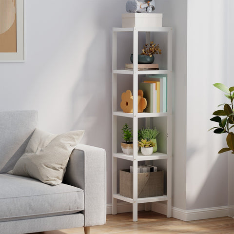 Rootz 5 Level Bathroom Shelf - Narrow Shelf - Multifunctional Storage Shelf - Bamboo Durability - 33cm x 33cm x 146cm - Cloud White