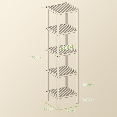 Rootz 5 Level Bathroom Shelf - Narrow Shelf - Multifunctional Storage Shelf - Bamboo Durability - 33cm x 33cm x 146cm - Cloud White