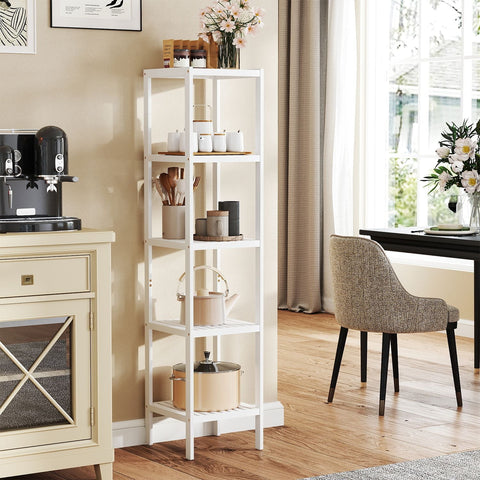 Rootz 5 Level Bathroom Shelf - Narrow Shelf - Multifunctional Storage Shelf - Bamboo Durability - 33cm x 33cm x 146cm - Cloud White