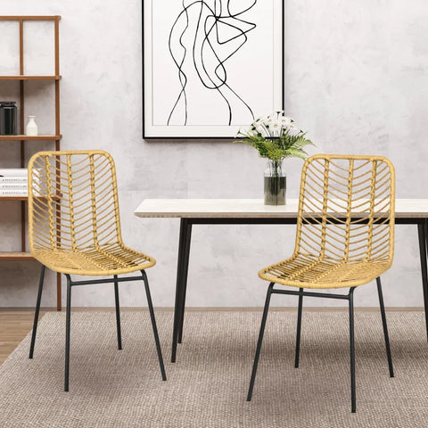 Rootz Set of 2 Boho Style Dining Chairs - Accent Chair - PE Rattan - Natural + Black - 44cm x 58cm x 85cm