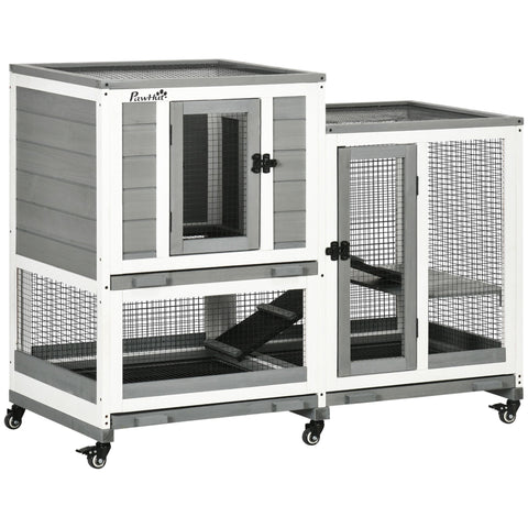 Rootz Multi-Level Bunny Hutch - Rabbit Cage - Rodent Shelter - Easy-to-Move on Rollers - 110l x 50b x 86h cm - Grey and White