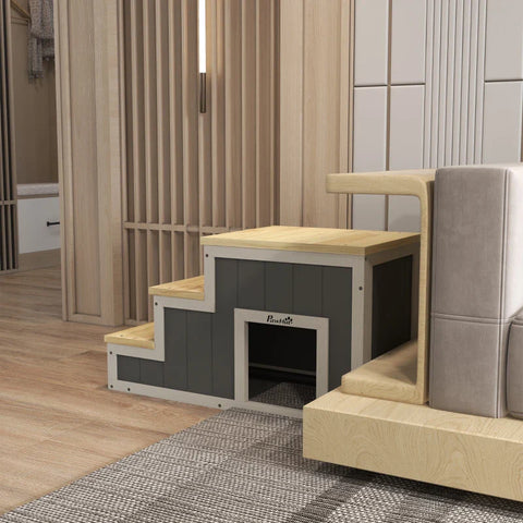 Rootz Pet Stairs - Dog Stairs - 3 Steps - Pine Wood - Non-slip Foot Pads - Natural + White - 79cm x 38.5cm x 45cm