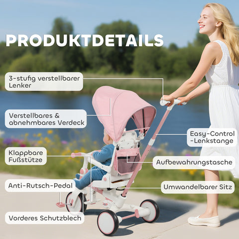 Rootz Children's Drei Bike - Changeable Baby Buggy - Adjustable Tricycle - 5-in-1 Design - Secure Ride - Pink and White - 96.5cm x 49cm x 101cm