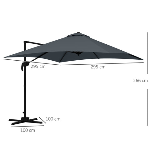 Rootz Square Swiveling Crank Parasol - Outdoor Umbrella - Garden Screen - 360° Rotation - 2.95m x 2.95m x 2.66m Grey