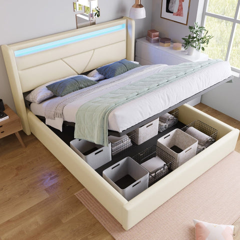 Rootz Functional Double Bed - LED Lighting Bed - Storage Bed - Hydraulic Storage - 202cm x 146cm x 107.5cm