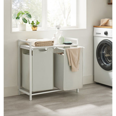 Rootz Laundry Basket with Shelf - White - MDF Steel Clothing Hamper - Organizer - 73cm x 33cm x 72cm - 2 Bags - Heavy Duty - Storage Rack - Oxford Cloth