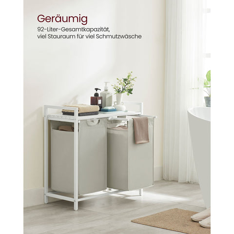 Rootz White Laundry Basket with Shelf - Hamper - Storage Organizer - MDF Steel Construction - Oxford Cloth Bags - 73cm x 33cm x 72cm - 30kg Capacity - Space Saving