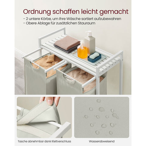 Rootz White Laundry Basket with Shelf - Hamper - Storage Organizer - MDF Steel Construction - Oxford Cloth Bags - 73cm x 33cm x 72cm - 30kg Capacity - Space Saving