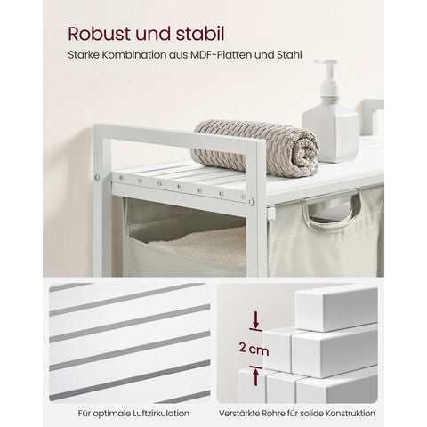Rootz White Laundry Basket with Shelf - Hamper - Storage Organizer - MDF Steel Construction - Oxford Cloth Bags - 73cm x 33cm x 72cm - 30kg Capacity - Space Saving