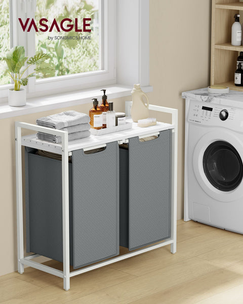 Rootz Laundry Basket with Shelf - White-Light Gray Storage Organizer - MDF Steel Oxford Cloth - Large Capacity - Easy Assembly - Space-Saving Design - 73cm x 33cm x 72cm
