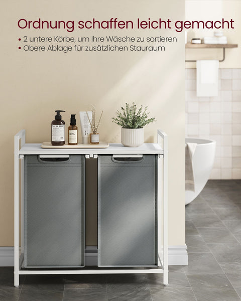 Rootz Laundry Basket with Shelf - White-Light Gray Storage Organizer - MDF Steel Oxford Cloth - Large Capacity - Easy Assembly - Space-Saving Design - 73cm x 33cm x 72cm