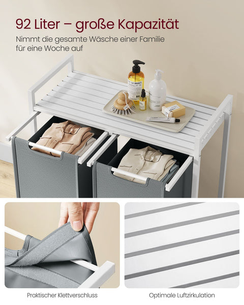Rootz Laundry Basket with Shelf - White-Light Gray Storage Organizer - MDF Steel Oxford Cloth - Large Capacity - Easy Assembly - Space-Saving Design - 73cm x 33cm x 72cm