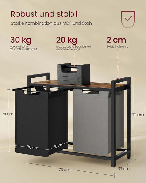 Rootz Laundry Storage Unit - Washing Basket Organizer - MDF & Steel - Space Saving - 73cm x 33cm x 72cm