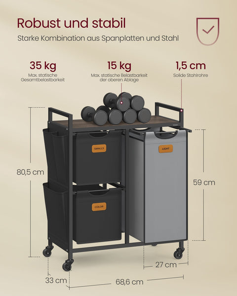 Rootz Laundry Basket Organizer - Clothes Sorter - Hamper with 3 Compartments - Oxford Fabric - 68.6cm x 33cm x 80.5cm