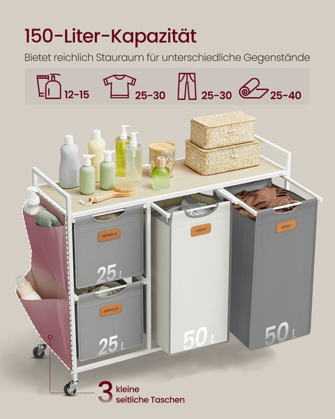 Rootz 4 Compartment Laundry Basket - Clothes Sorter - Washing Organizer - Sturdy Steel Frame - 98.6cm x 33cm x 80.5cm