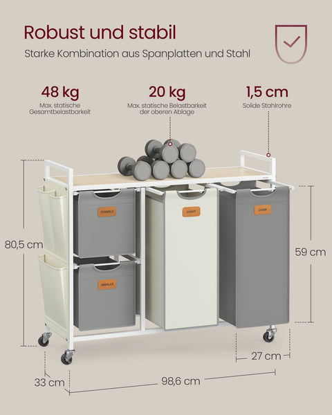 Rootz 4 Compartment Laundry Basket - Clothes Sorter - Washing Organizer - Sturdy Steel Frame - 98.6cm x 33cm x 80.5cm