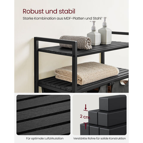 Rootz Laundry Basket with Shelves - Black-Gray - MDF Steel Oxford Cloth - Large Storage Capacity - Space Saving Design - Easy Assembly - 73cm x 33cm x 92cm