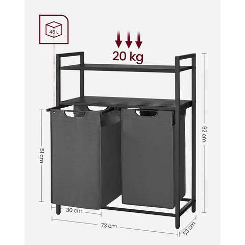Rootz Laundry Basket with Shelves - Storage Bin - Clothes Hamper - MDF Steel Oxford Fabric - 73cm x 33cm x 92cm - 9.3kg - 30kg Capacity