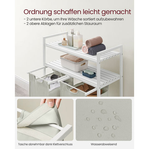 Rootz 3 Tier Laundry Basket with Shelves - White Storage Organizer - MDF Steel Construction - Oxford Cloth Bags - Heavy Duty - 73cm x 33cm x 92cm