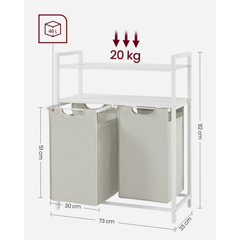 Rootz Laundry Basket 2 x 46L with Shelves - Clothes Organizer - Hamper with Storage - MDF & Steel - 73cm x 33cm x 92cm