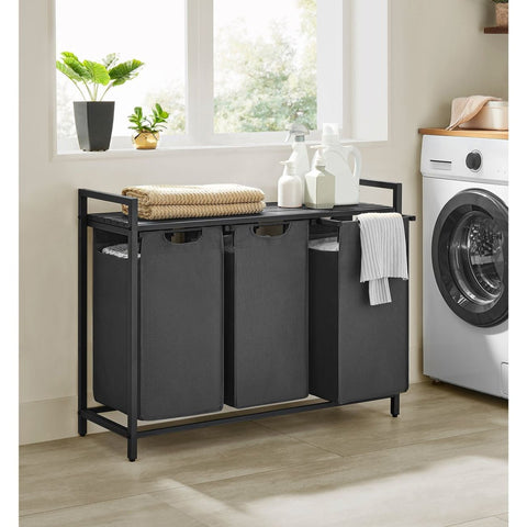 Rootz Laundry Basket with Shelf - Black-Gray Organizer - Storage Bins - Medium Density Fiberboard - Steel Frame - MDF - 92.5cm x 33cm x 72cm