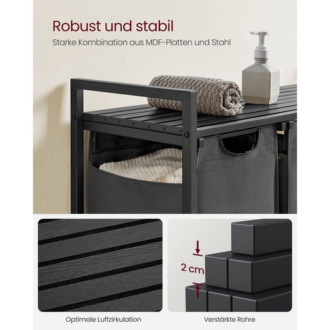 Rootz Laundry Basket with Shelf - Black-Gray Storage Organizer - MDF Steel Oxford Cloth - Large Capacity - Easy Assembly - Space Saving Design - 92.5cm x 33cm x 72cm