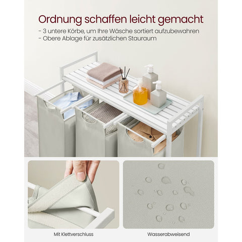 Rootz White Laundry Basket with Shelf - Storage Organizer - Clothes Hamper - MDF Steel Oxford Cloth - 92.5cm x 33cm x 72cm - 25cm x 30cm x 51cm - 8.1kg - 30kg Capacity - 2 Bags - 1 Shelf - 1 Accessory Package