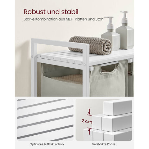 Rootz White Laundry Basket with Shelf - Storage Organizer - Clothes Hamper - MDF Steel Oxford Cloth - 92.5cm x 33cm x 72cm - 25cm x 30cm x 51cm - 8.1kg - 30kg Capacity - 2 Bags - 1 Shelf - 1 Accessory Package