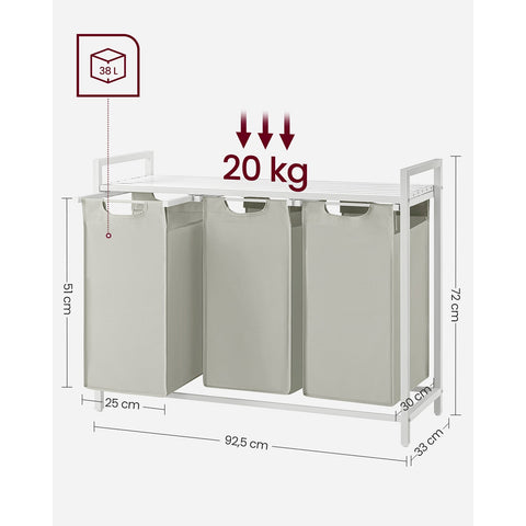 Rootz White Laundry Basket with Shelf - Storage Organizer - Clothes Hamper - MDF Steel Oxford Cloth - 92.5cm x 33cm x 72cm - 25cm x 30cm x 51cm - 8.1kg - 30kg Capacity - 2 Bags - 1 Shelf - 1 Accessory Package