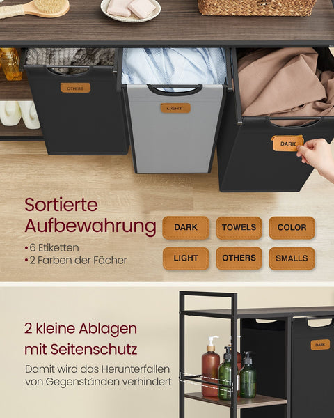 Rootz Laundry Basket 3 Compartments - Clothes Organizer - Rolling Sorter - 117cm x 33cm x 80.5cm - Steel & Oxford Fabric