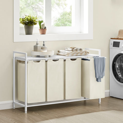 Rootz Laundry Storage Rack - White Organizer - MDF & Steel - Oxford Cloth Bags - Heavy Duty - 116cm x 33cm x 72cm