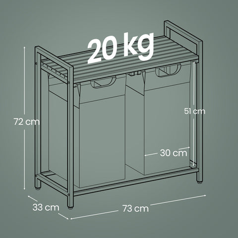 Rootz Laundry Basket 2 Compartments - Laundry Collector - Laundry Box - Space-Saving Shelf - 73 x 33 x 72 cm