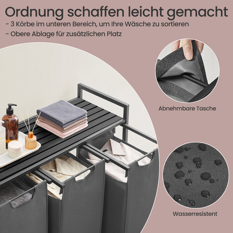 Rootz 3 Compartment Laundry Basket - Laundry Collector - Laundry Box - 92.5 x 33 x 72 cm - MDF & Steel