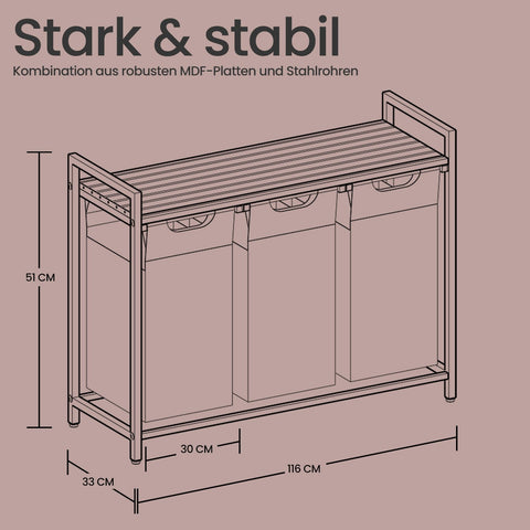 Rootz 3 Compartment Laundry Basket - Laundry Collector - Laundry Box - 92.5 x 33 x 72 cm - MDF & Steel