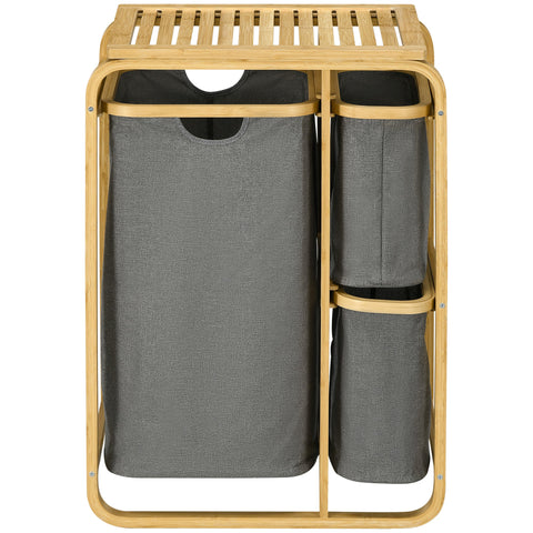 Rootz Bamboo Laundry Basket - Clothes Hamper - Storage Organizer - 3 Pull-Out Bags - 49W x 33D x 70H cm - Grey, Brown