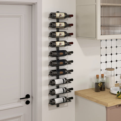 Rootz Wine Rack - Wall Shelf - Bottle Holder - Space-Saving - 27cm x 10cm x 116cm - 10 Bottle Capacity - Black Metal Construction