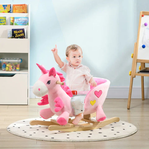 Rootz Rocking Horse In Unicorn Design - With Lap Belt - Music Function - Plush Cover - Metal Frame - Pink - 65cm x 35cm x 45cm