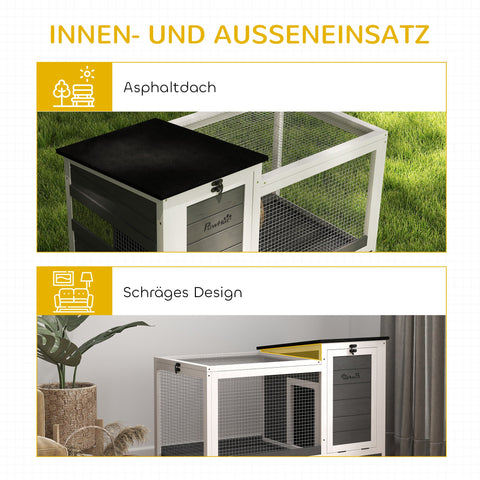 Rootz Wooden Rabbit Stable - Bunny Enclosure - Rabbit Hutch - Easy Cleaning - 92 x 52 x 67 cm Grey and White