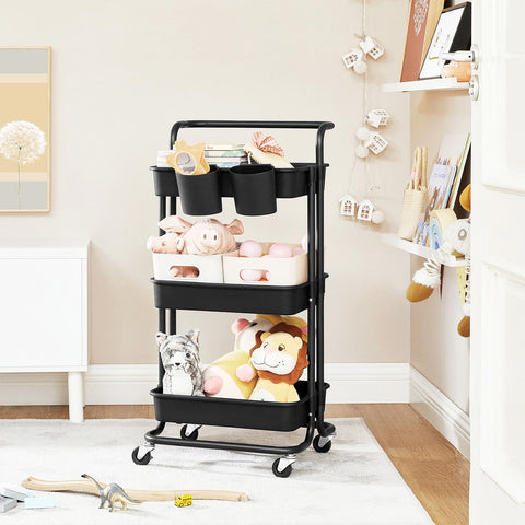 Rootz Trolley 3 Levels Black - Shelf Cart - Storage Rack - Robust Steel Frame - 41.6cm x 33.5cm x 86.3cm