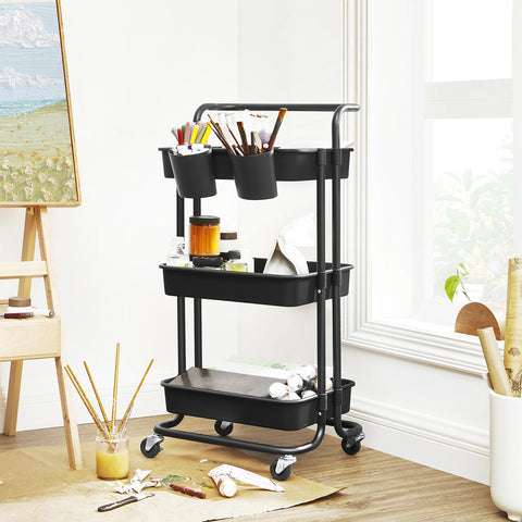 Rootz Trolley 3 Levels Black - Shelf Cart - Storage Rack - Robust Steel Frame - 41.6cm x 33.5cm x 86.3cm